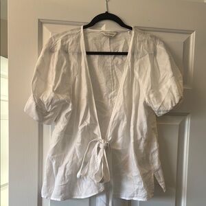 Club Monaco White Puff Sleeve Tie-Front Top